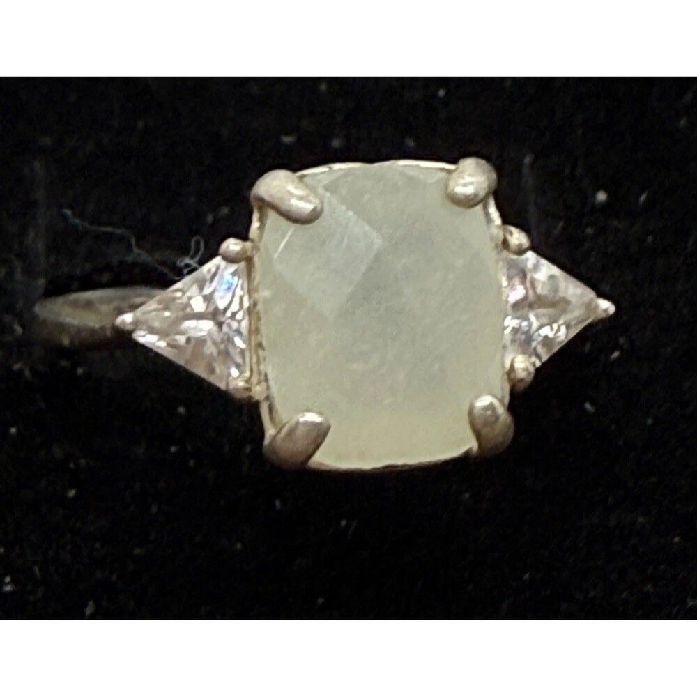 Sterling Jadite Vintage Ring Avon RJ Cushion Cut CZ Side Stones Nice Size 7.75